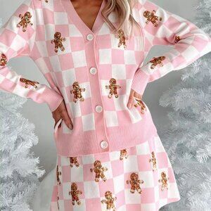 Gingerbread Checkered Cardigan and Skirt Sweater Set
